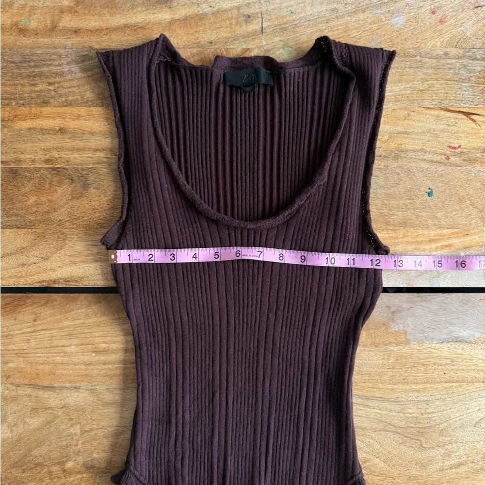 Zara Ribbed Knit Top Chocolate Brown Fitted Minimal Chic, L